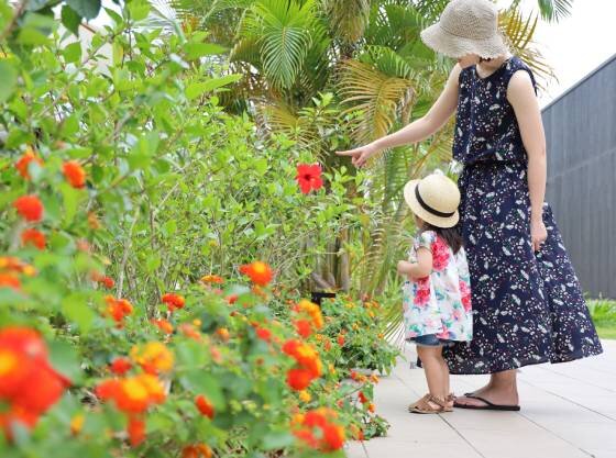 南国の花々がお出迎え。お子様の笑顔もいっそう輝きます。